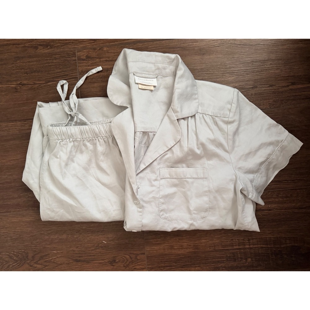 Boll & Branch Organic Cotton Pajama Top Grey Short Sleeve Button Down XS